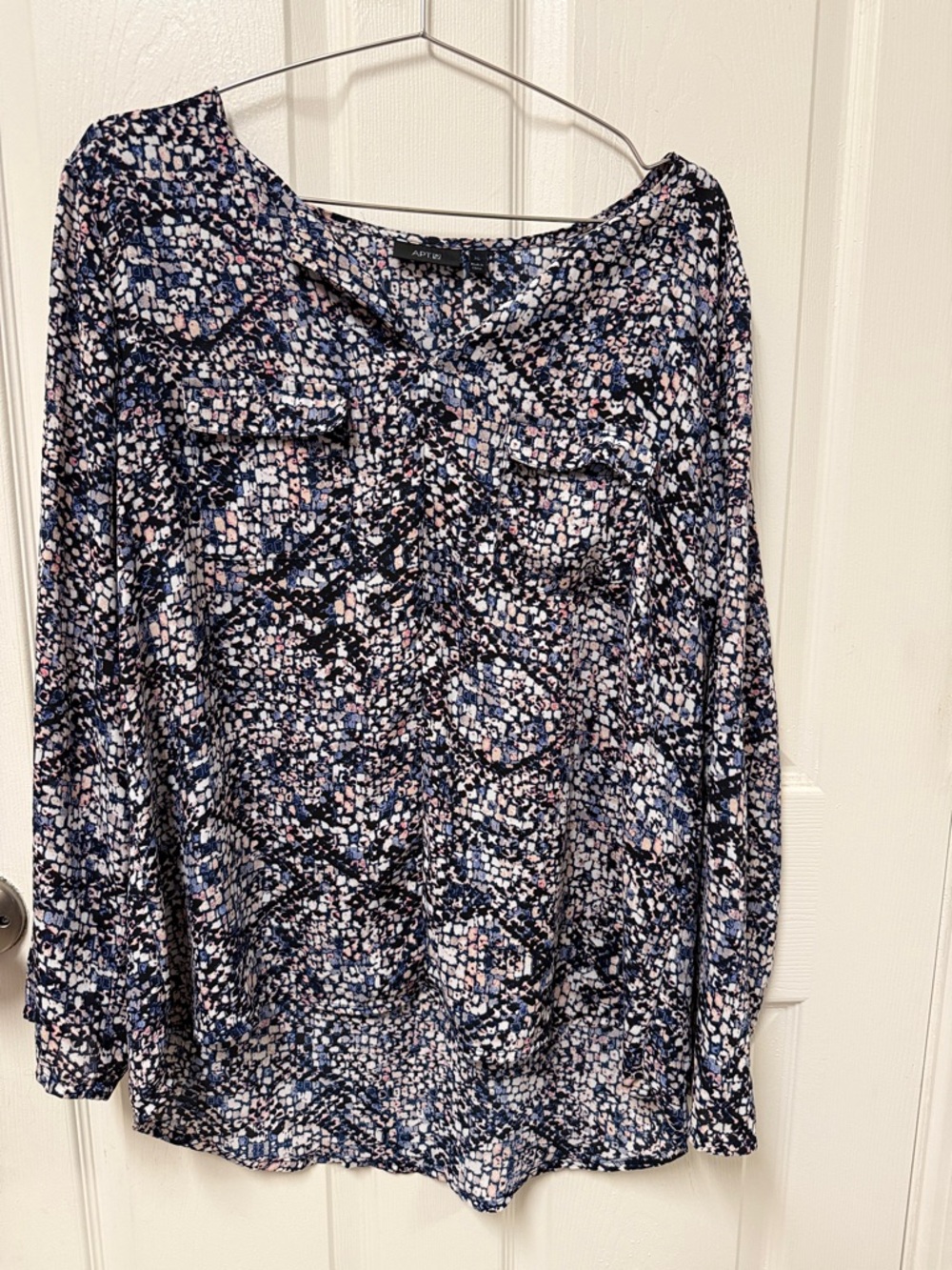Apt. 9 Navy and Pink Abstract Print Long-Sleeve Blouse